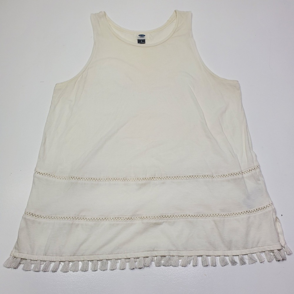 Old Navy Ivory White Sleeveless Women Top Lace Fringe Hem Size Large Crewneck